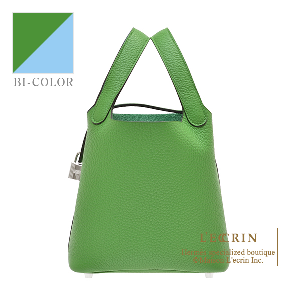 Hermes　Picotin Lock　Eclat bag 18/PM　Vert yucca/　Celeste　Clemence leather/　Swift leather　Silver hardware