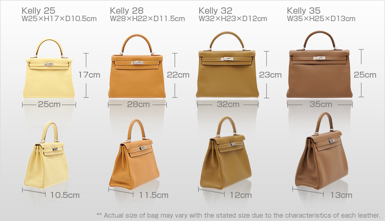 Kelly25:W25×H17×D7cm　Kelly28:W28×H22×D10cm　Kelly32:W32×H23×D10.5cm　Kelly35:W35×H24×D12cm　** Actual size of bag may vary with the stated size due to the characteristics of each leather.