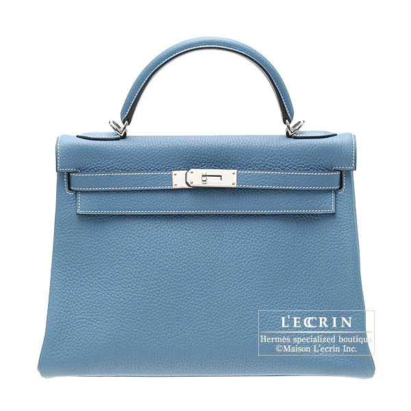 Hermes　Kelly bag 32　Retourne　Blue jean　Clemence leather　Silver hardware