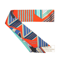 Hermes　Twilly　Sangles en zigzag　Orange/　Turquoise/Grey　Silk