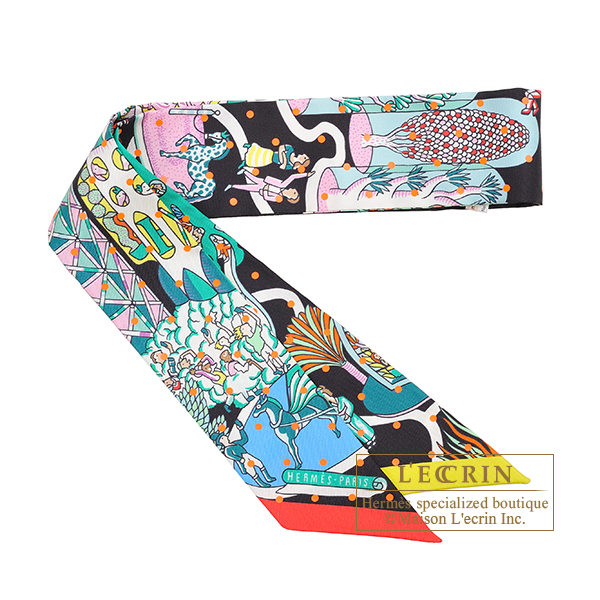 Hermes　Twilly　Plumetis　Exposition Universelle 　Black/　Vert/Rose　Silk 