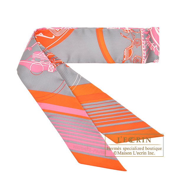 Hermes　Twilly　Ex-Libris　Gris/Orange/Rose bonbon　Silk