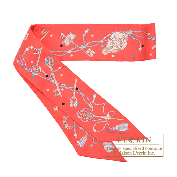 Hermes　Twilly　Les Cles a Pois　Grenadine/Beige/Multicolor　Silk