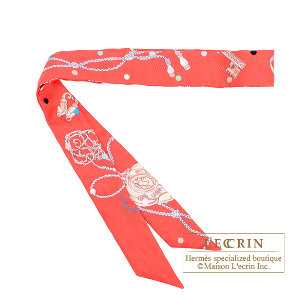 Hermes　Twilly Doll　Les Cles a Pois　Grenadine/Beige/Multicolor　Silk