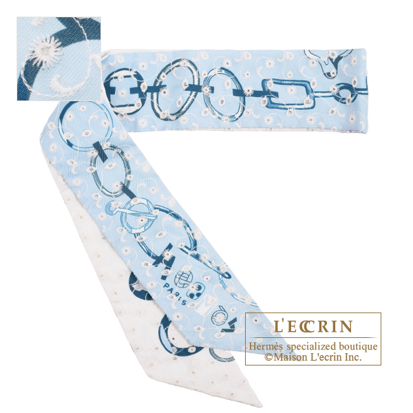 Hermes　Twilly　Do re boucles　Broderie anglaise　Blue/White/Marine　Silk