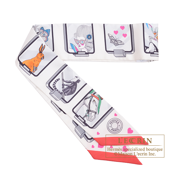 Hermes　Twilly　Hermes Story　White/Grey/Rouge　Silk