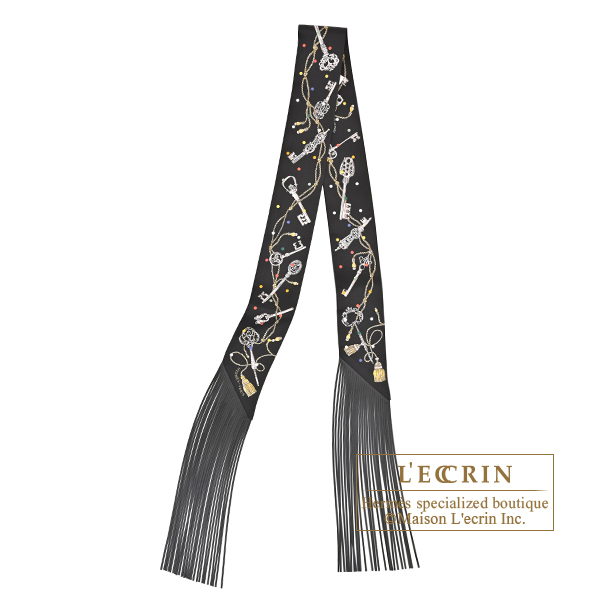 Hermes　Leather Fringes Twilly　Les Cles a Pois　Black/Mordore/White　Silk/Leather