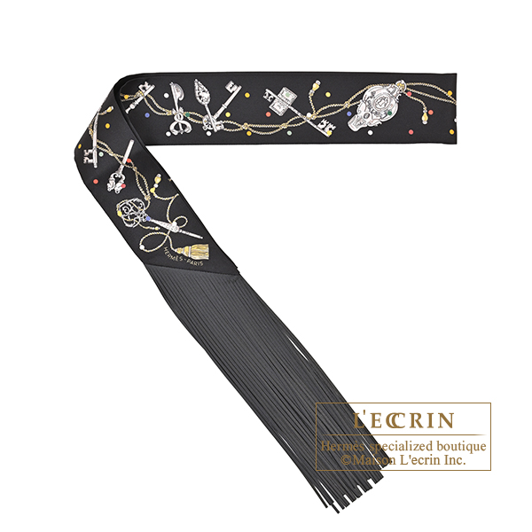 Hermes Leather Fringes Twilly Les Cles a Pois Black/Mordore/White Silk/Leather
