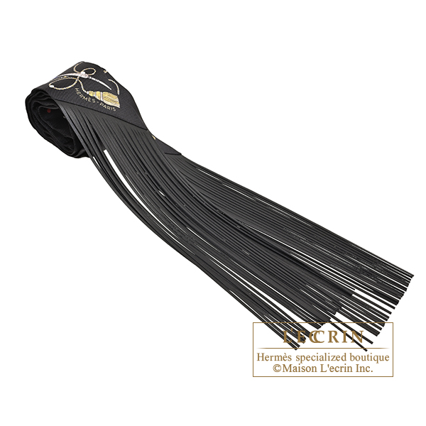 Hermes Leather Fringes Twilly Les Cles a Pois Black/Mordore/White Silk/Leather