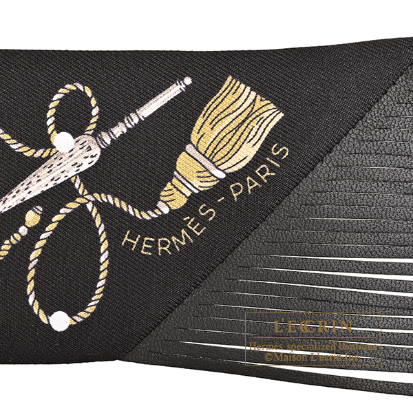 Hermes Leather Fringes Twilly Les Cles a Pois Black/Mordore/White Silk/Leather