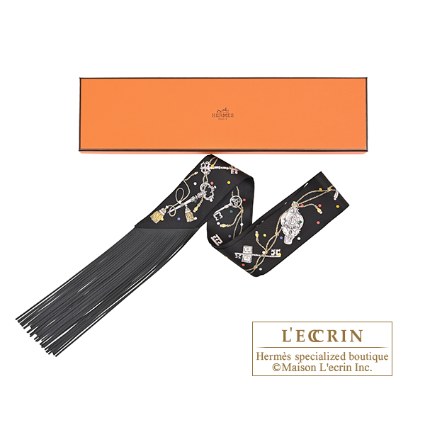 Hermes Leather Fringes Twilly Les Cles a Pois Black/Mordore/White Silk/Leather