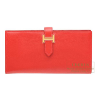 Hermes　Bearn Soufflet　Rouge casaque　Chevre myzore goatskin　Gold hardware