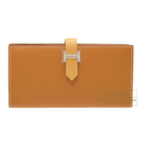 Hermes　Bearn Soufflet　Caramel/Paille　Epsom leather/　Tadelakt leather　Silver hardware