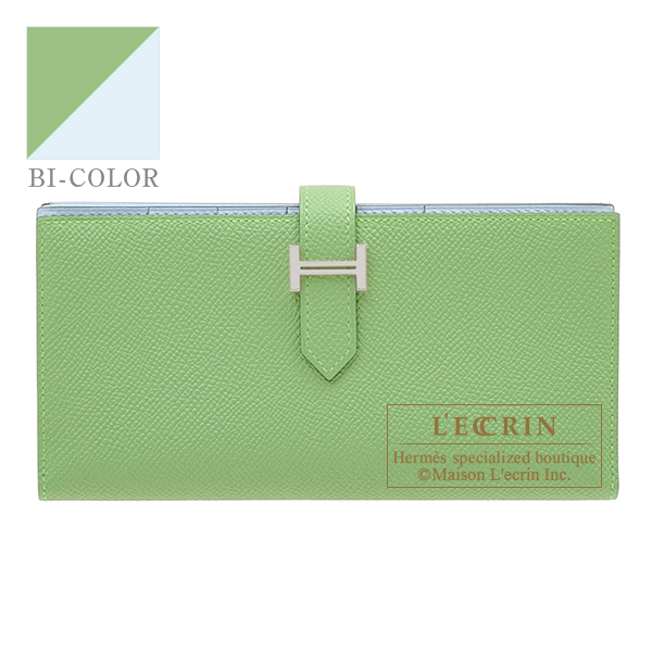 Hermes　Bearn Soufflet Verso　Vert criquet/　Blue brume　Epsom leather　Silver hardware