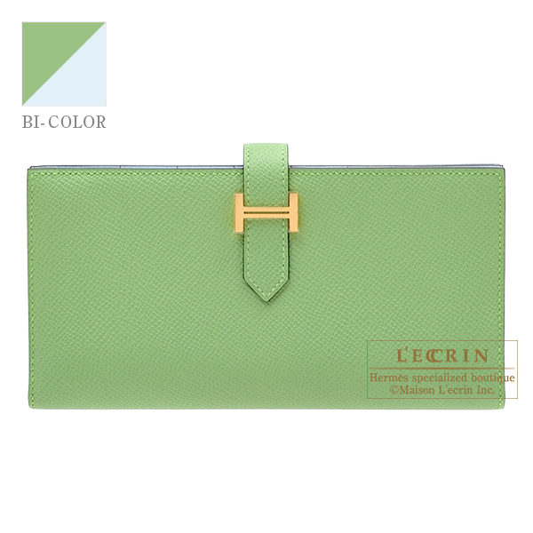 Hermes　Bearn Soufflet Verso　Vert criquet/　Blue brume　Epsom leather　Gold hardware