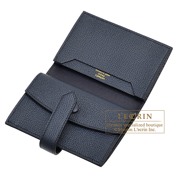 Hermes Bearn Mini wallet Blue indigo Epsom leather Gold hardware