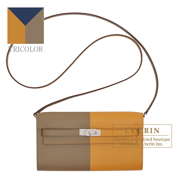 Hermes　Kelly Long To Go Casaque　Etoupe grey/　Sesame/　Blue indigo　Epsom leather　Silver hardware