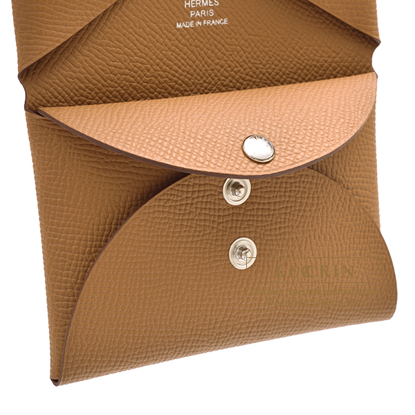 Hermes Calvi Duo Card Holder in Gold, Brown Epsom Leather, Brand New