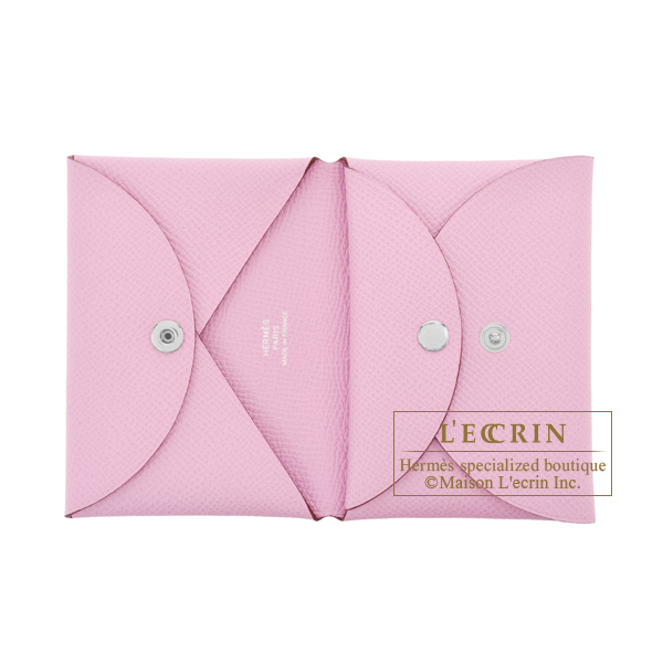 New With box Hermes calvi duo Leather Epsom card holder Pink