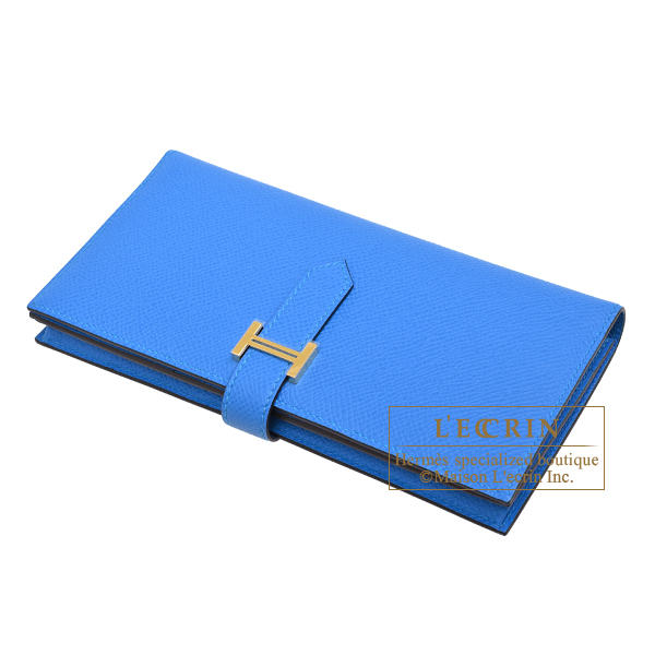 Hermes Bearn Soufflet Blue hydra Epsom leather Gold hardware