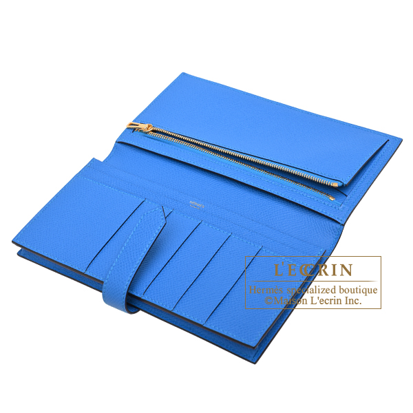 Hermes Bearn Soufflet Blue hydra Epsom leather Gold hardware