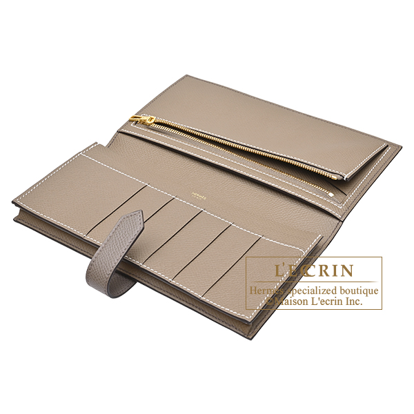 Hermes Bearn Soufflet Verso Etain/ Etoupe grey Epsom leather Gold hardware