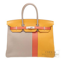 Hermes　Birkin casaque bag 35　Gris tourterelle/　Moutarde/　Sanguine　Clemence leather/　Swift leather　Matt silver hardware