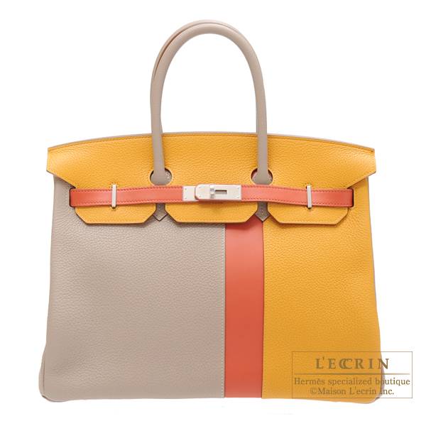 Hermes Birkin casaque bag 35 Gris tourterelle/ Moutarde/ Sanguine Clemence  leather/ Swift leather Matt silver hardware