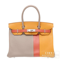 Hermes　Birkin casaque bag 30　Gris tourterelle/　Moutarde/　Sanguine　Clemence leather/　Swift leather　Matt silver hardware