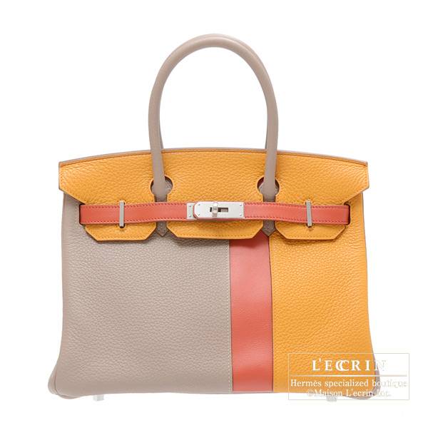 Hermes Birkin casaque bag 30 Gris tourterelle/ Moutarde/ Sanguine Clemence  leather/ Swift leather Matt silver hardware