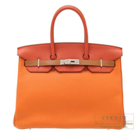 Hermes　Birkin Arlequin bag 35　Orange/Etain/Sanguine　Clemence leather　Silver hardware