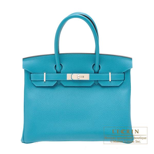 Hermes Birkin bag 30 Turquoise blue Clemence leather Silver hardware L ecrin Boutique Singapore
