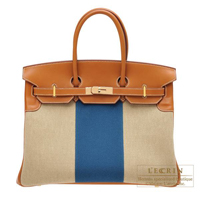 Hermes　Birkin Flag bag 35　Ficell/Fauve/Blue　Barenia/Toile H　Champagne gold hardware