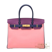 Hermes　Personal Birkin bag 30　Rose confetti/　Anemone/　Blue saphir　Epsom leather　Gold hardware