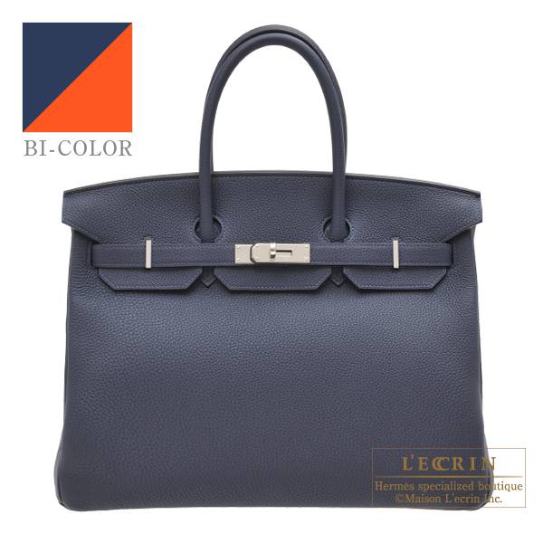 Hermes Birkin 35 Verso Blue Nuit Orange Poppy Togo Exclusive