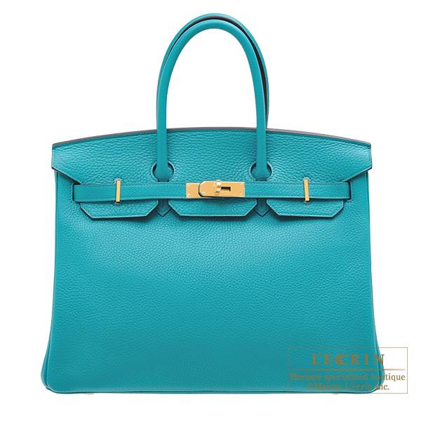 Hermes Clemence Leather Birkin Bag 35 Blue Green