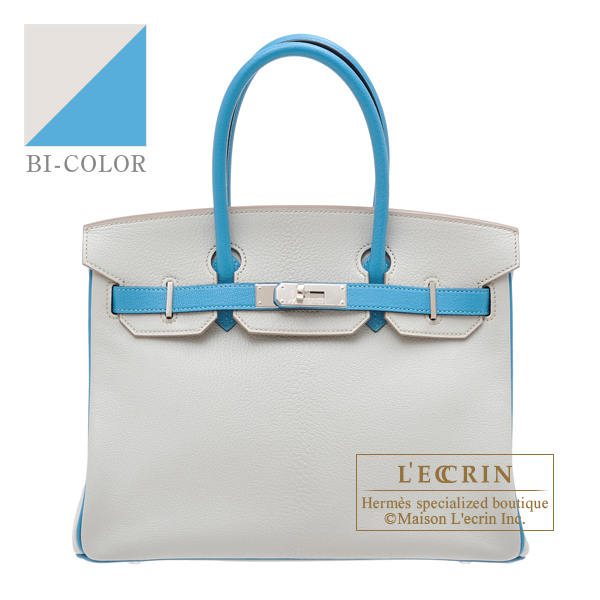 Hermes　Personal Birkin bag 30　Pearl grey/　Turquoise blue　Chevre myzore goatskin　Silver hardware