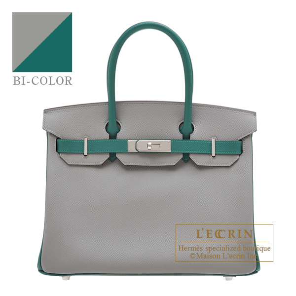 Hermes　Personal Birkin bag 30　Gris mouette/　Malachite　Epsom leather　Silver hardware