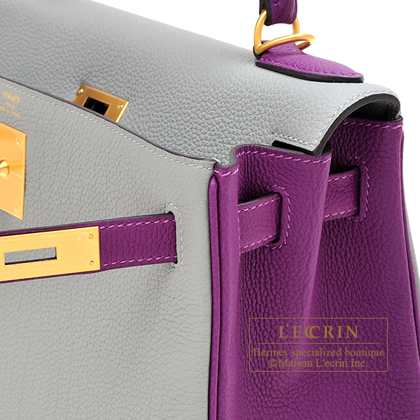 Hermes Personal Kelly bag 28 Retourne Gris mouette/ Rose purple Togo  leather Matt silver hardware