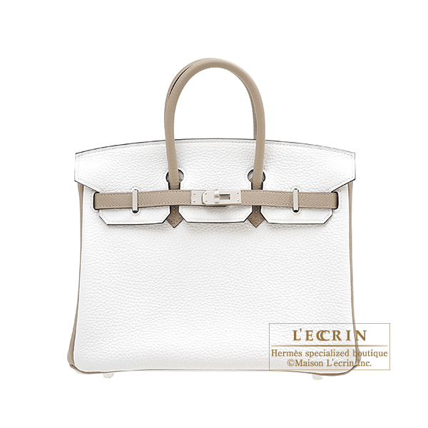 Hermes Personal Birkin bag 25 White/ Gris tourterelle Clemence leather Matt  silver hardware