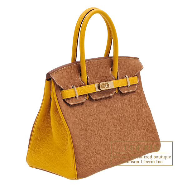 Hermès Gold/Jaune D'ambre Togo and Swift Leather Palladium Finish Officier  Birkin 35 Bag Hermes