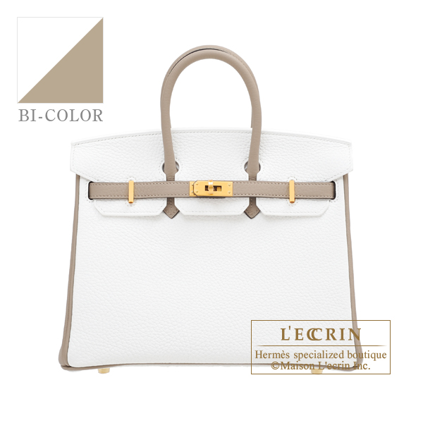 Hermes　Personal Birkin bag 25　White/　Gris tourterelle　Clemence leather　Matt gold hardware