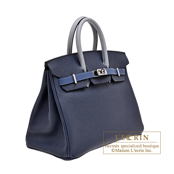 Hermes Birkin Tricolore bag 25 Blue abysse/Blue tie/Gris pantin Epsom leather Silver hardware