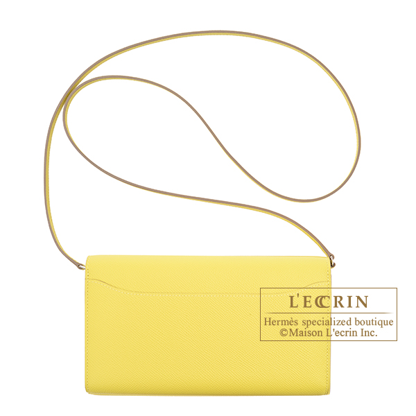 AUT HERMES Soufre Yellow Epsom Leather PHW Constance Long Wallet lime  clutch bag