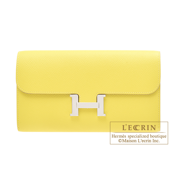AUT HERMES Soufre Yellow Epsom Leather PHW Constance Long Wallet lime  clutch bag