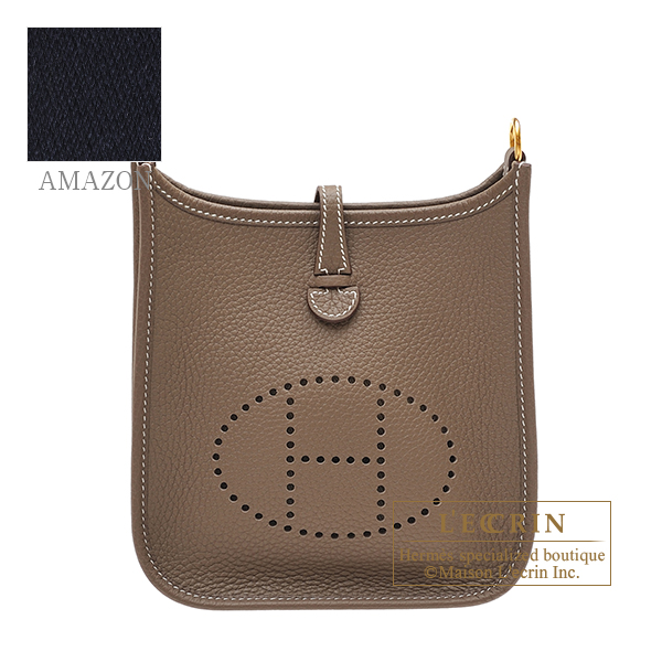 Hermes　Evelyne Amazon bag TPM　Etoupe grey/　Blue indigo　Clemence leather　Gold hardware　Bandouliere 111cm