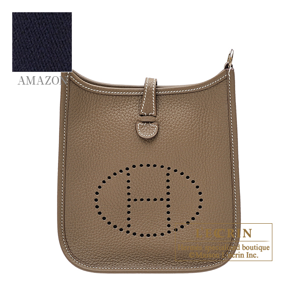 Hermes　Evelyne Amazon bag TPM　Etoupe grey/　Blue indigo　Clemence leather　Silver hardware　Bandouliere 111cm
