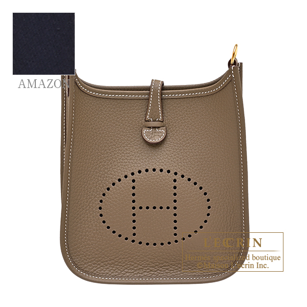 Hermes Evelyne Amazon bag TPM Etoupe grey/ Blue indigo Clemence leather Gold hardware Bandouliere 111cm
