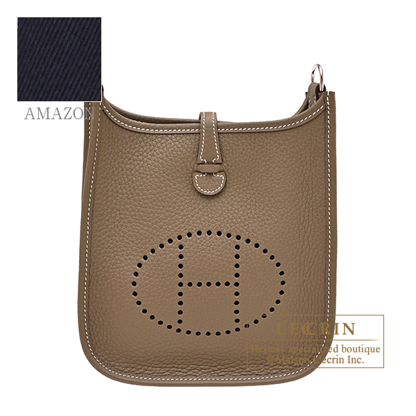Hermes Evelyne Amazon bag TPM Etoupe grey/ Blue indigo Clemence leather Silver hardware Bandouliere 111cm