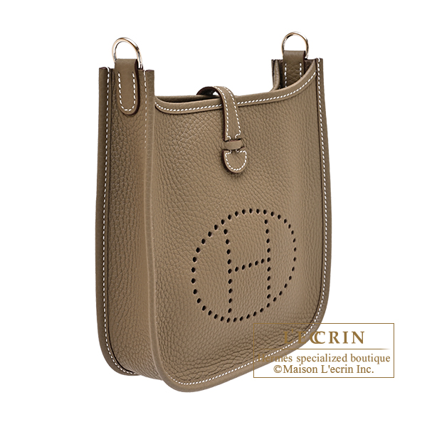 Hermes Evelyne Amazon bag TPM Etoupe grey/ Blue indigo Clemence leather Silver hardware Bandouliere 111cm